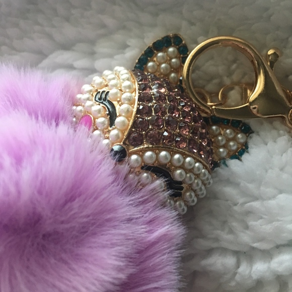 Rhinestone Fox Furry Pom Pom Pearl Keychain Purse - Picture 3 of 4